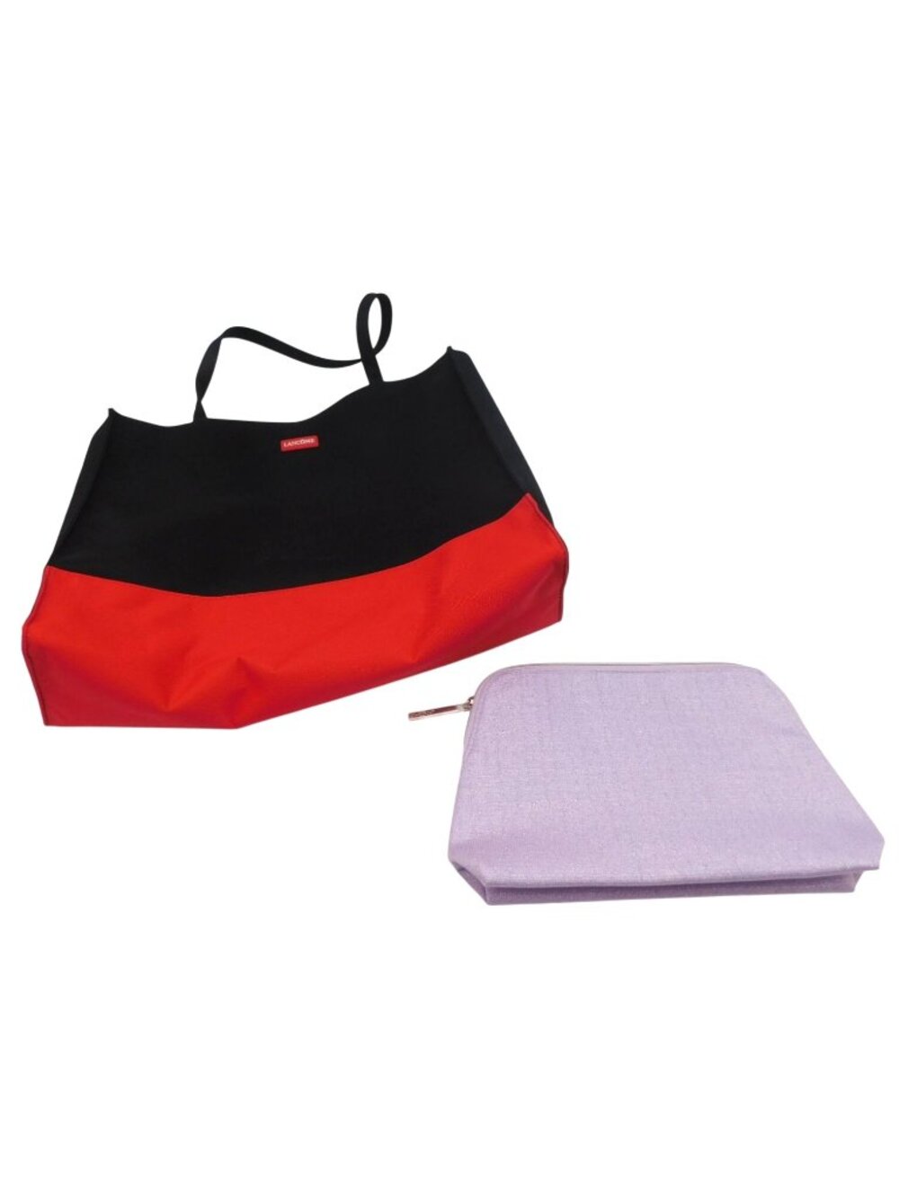 Lancome Black Red Tote Bag Striped Interior and Purple Cosmetic Pouch